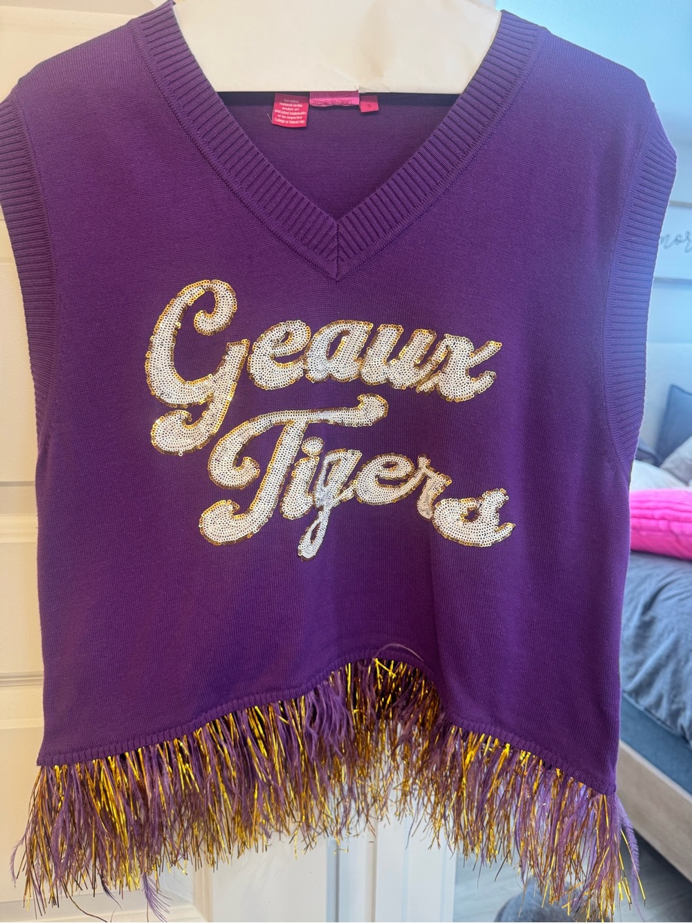 QUEEN OF SPARKLES Purple Sleeveless Sequin "Geaux Tigers" Fringe Top